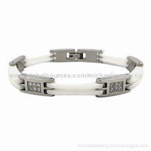 Stainless Steel Bracelets with 24pcs of CZ Stones and White Ceramic, Popular and Fashionable
